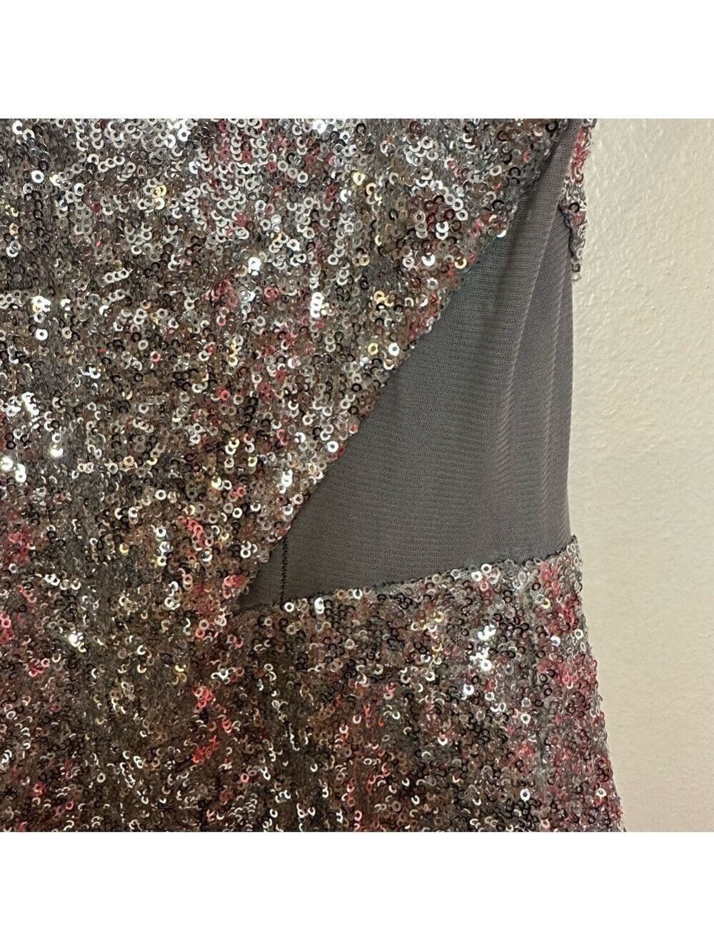 Bebe Silver Sequin Bodycon Sleeveless Mini Dress with Mesh Cutouts - Picture 13 of 14